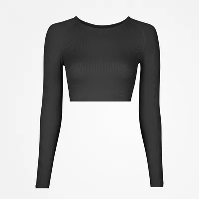 Geripptes Sportshirt langarm Damen | Schwarz